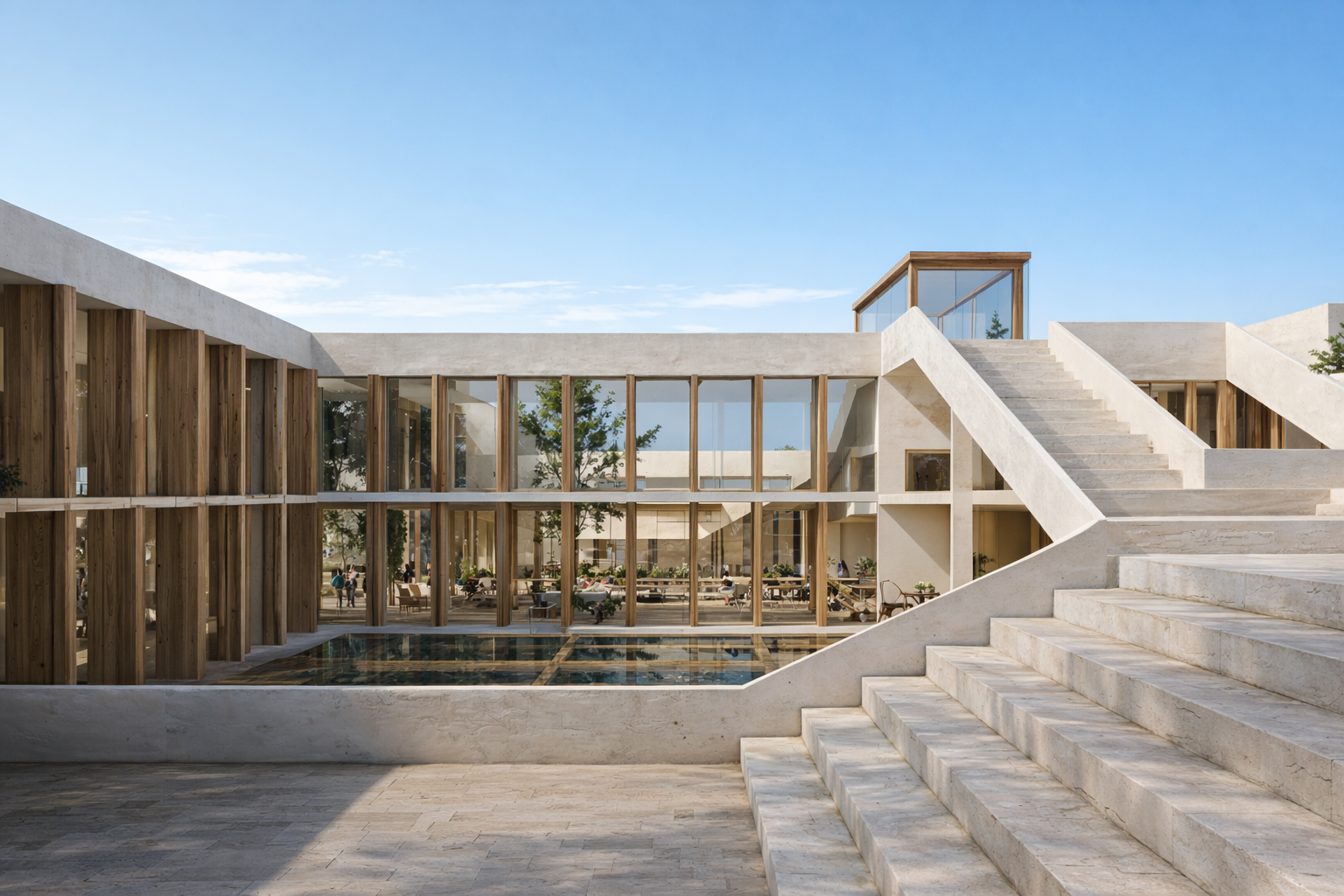 View into the inner garden where vertical timber fins, glazed facades, and planted courts establish privacy, shade, and visual continuity between indoor and outdoor spaces.