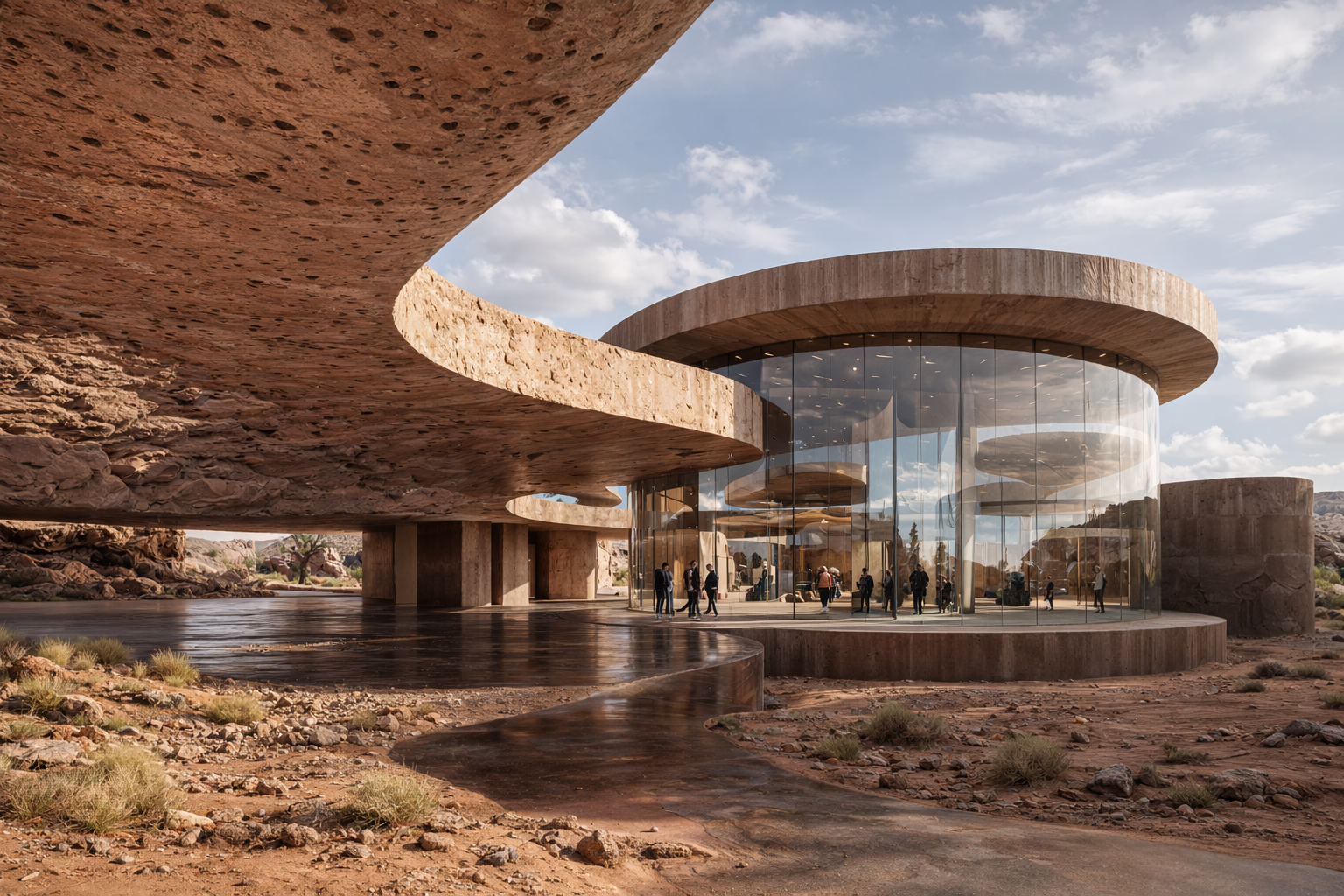 Arrival perspective highlighting landmark architecture as gateway to the Oasis destination.