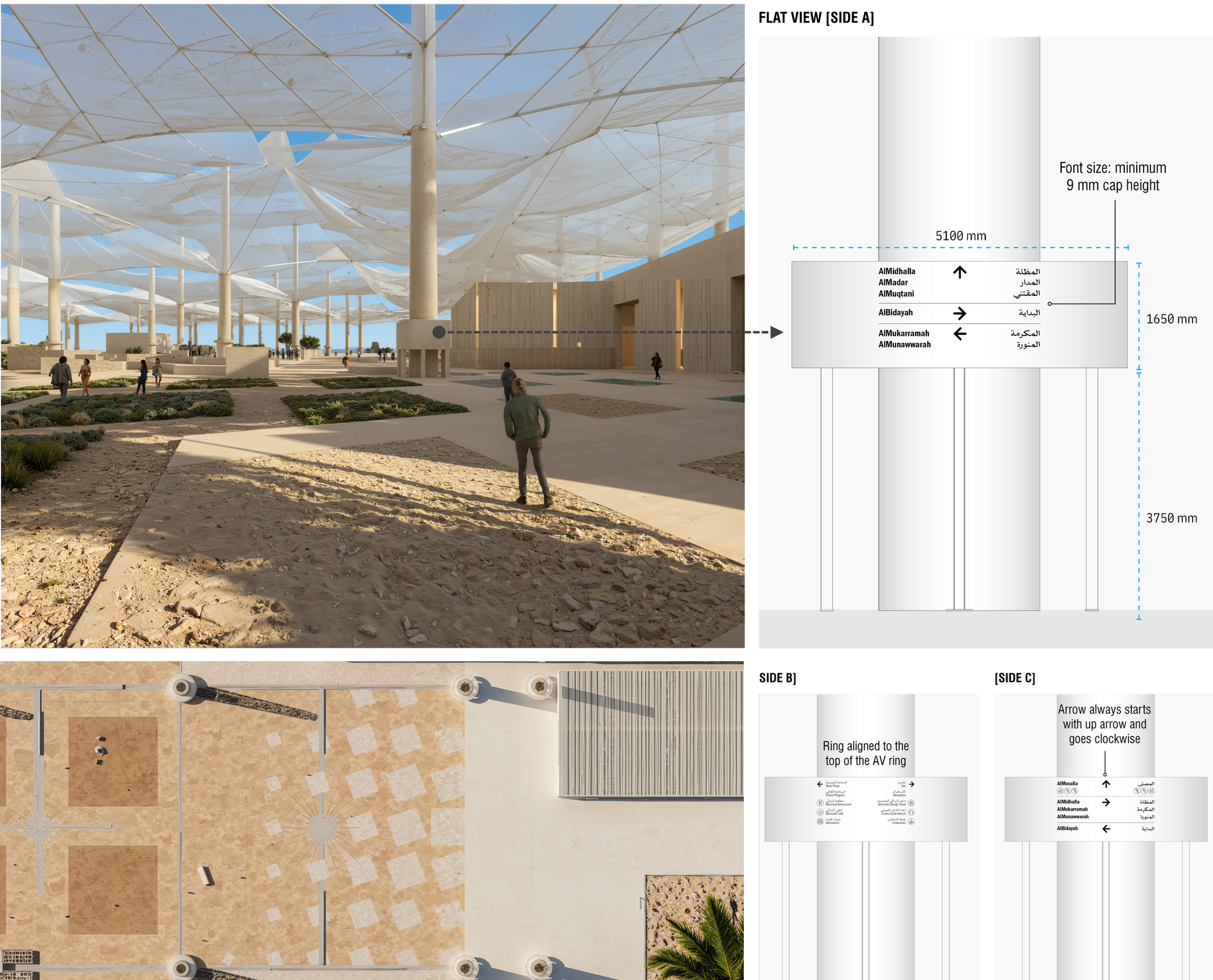 Column-mounted directional signs leveraging rhythm, repetition, and structural positioning to guide movement across the Biennale grounds.