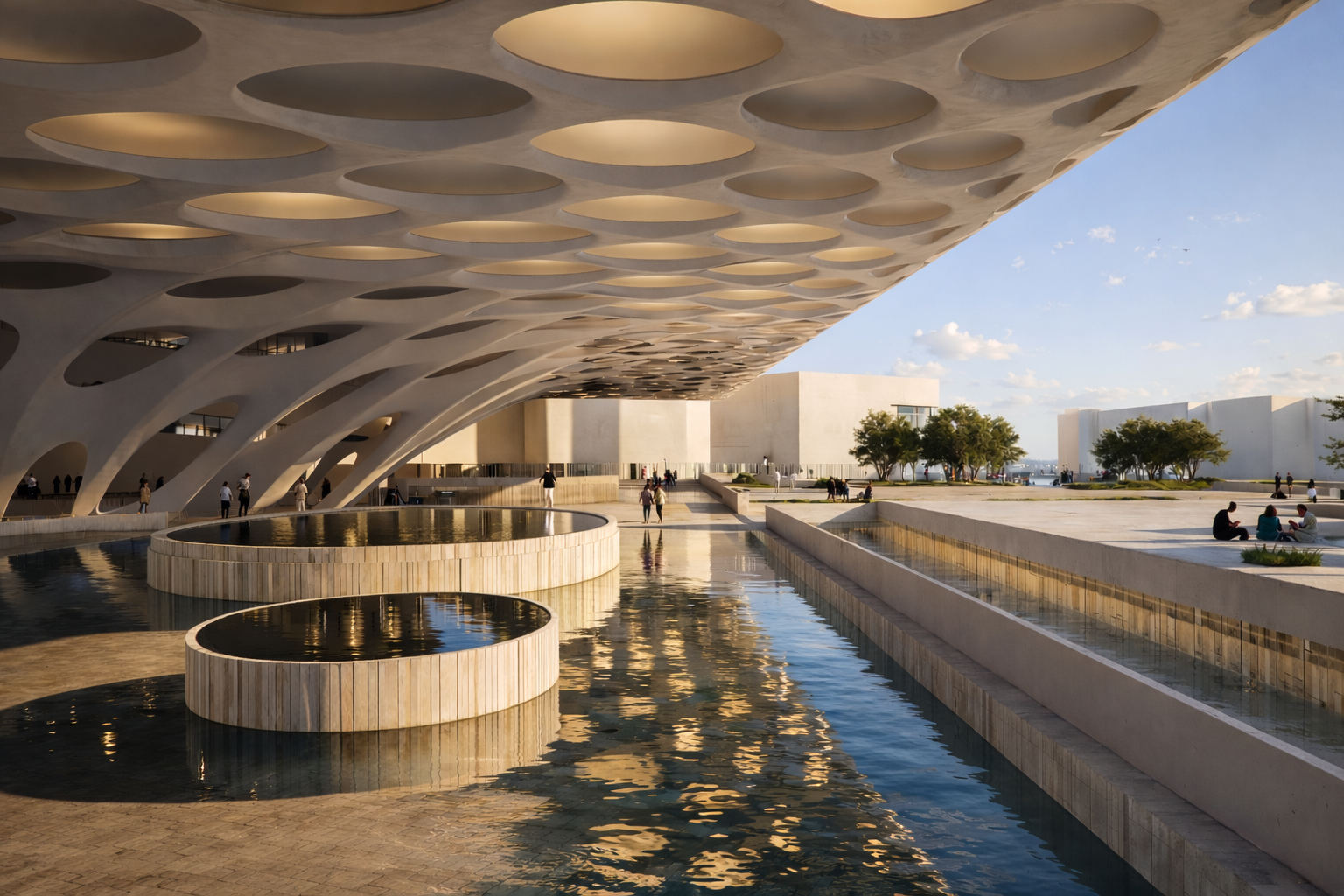 Shaded public plaza beneath the perforated structural canopy, creating a transitional civic gathering space before entering the museum.