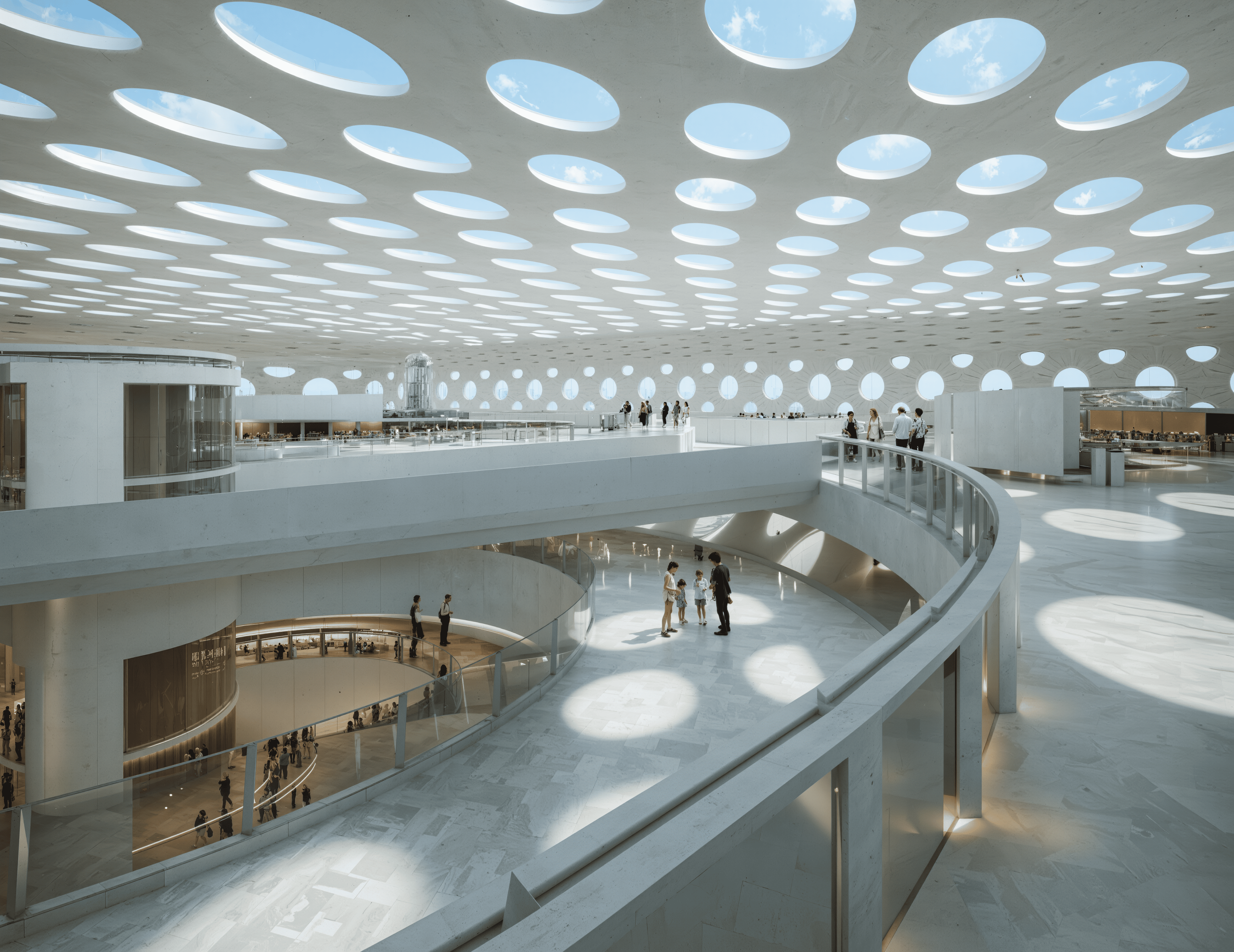 Continuous looped gallery space illuminated by circular roof perforations, guiding visitors through a sequence of exhibition platforms.