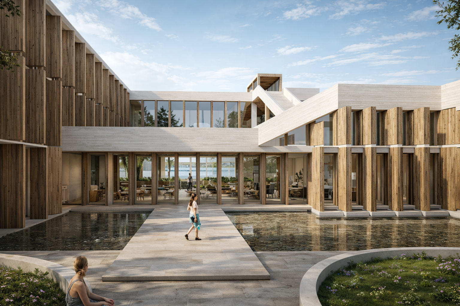 Main arrival courtyard articulating the villa’s public heart, defined by stepped terraces, timber screens, and water reflections creating a calm spatial threshold.