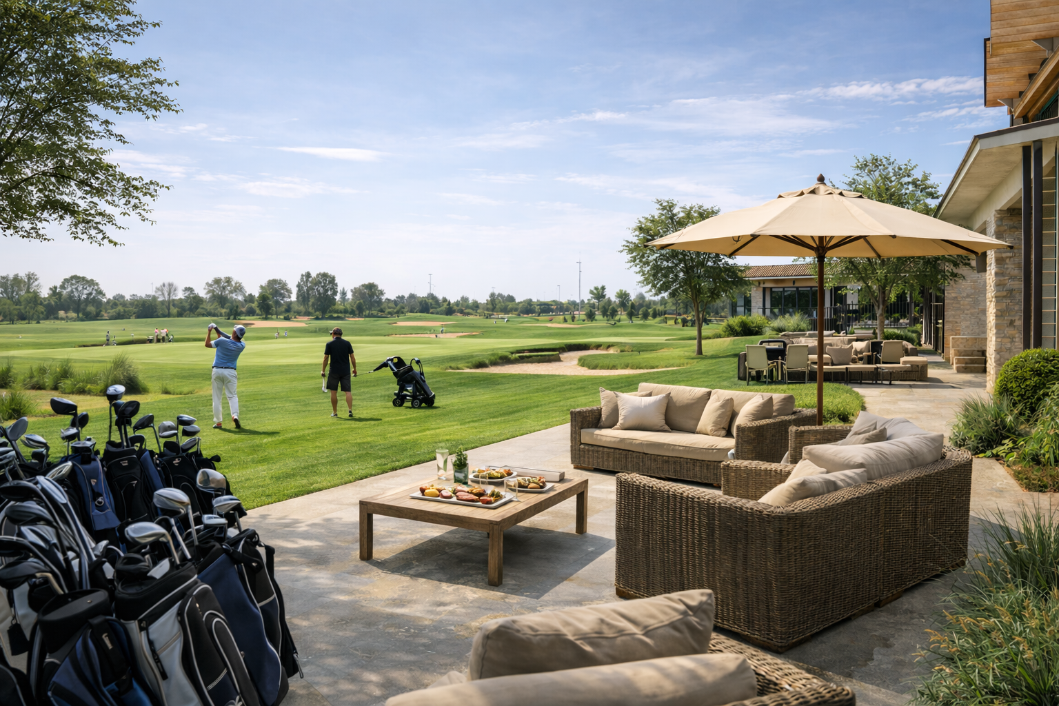 Outdoor lounge terrace overlooking the driving range, illustrating the social and relaxation component of the clubhouse experience and reinforcing visual connection between built space and golf landscape.