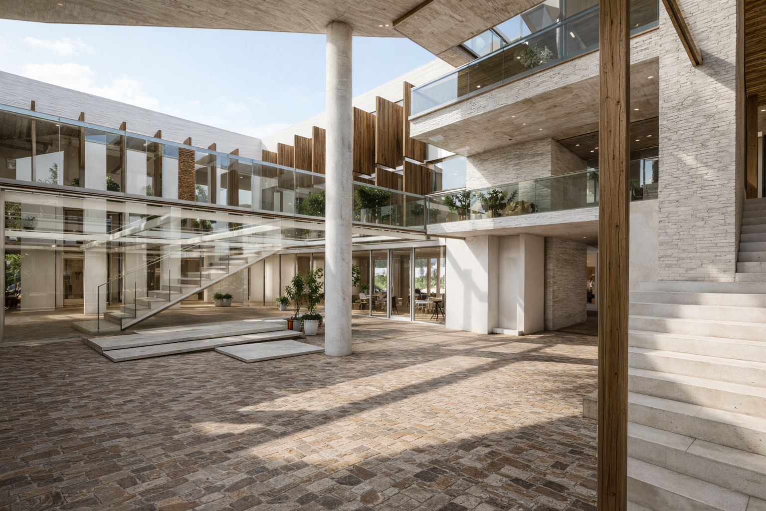 Double-height learning atrium connecting balconies, bridges, and staircases, enabling natural daylight penetration and visual connectivity between knowledge-sharing levels.