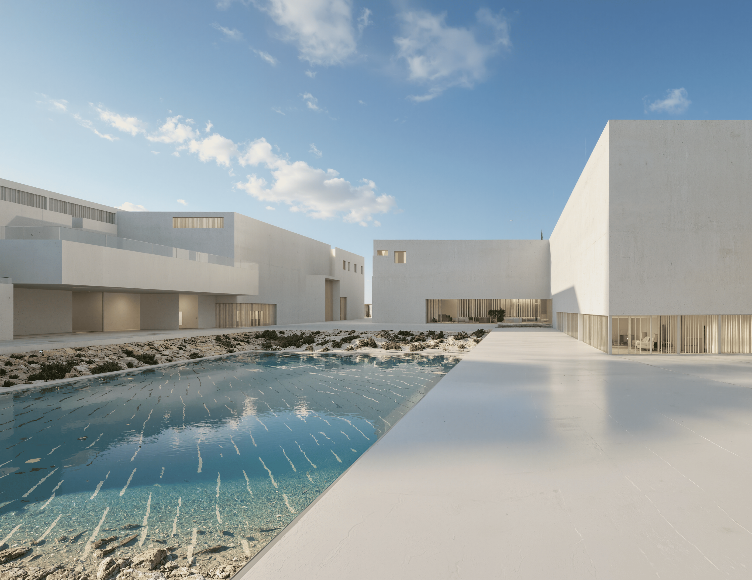 Primary courtyard space establishing a calm arrival sequence and spatial clarity for visitor orientation.