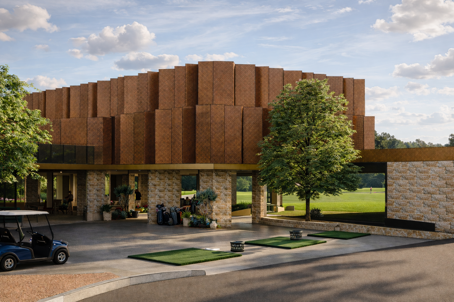 Architectural view of the clubhouse façade integrating landmark-scale identification and material-consistent signage anchoring visual recognition.