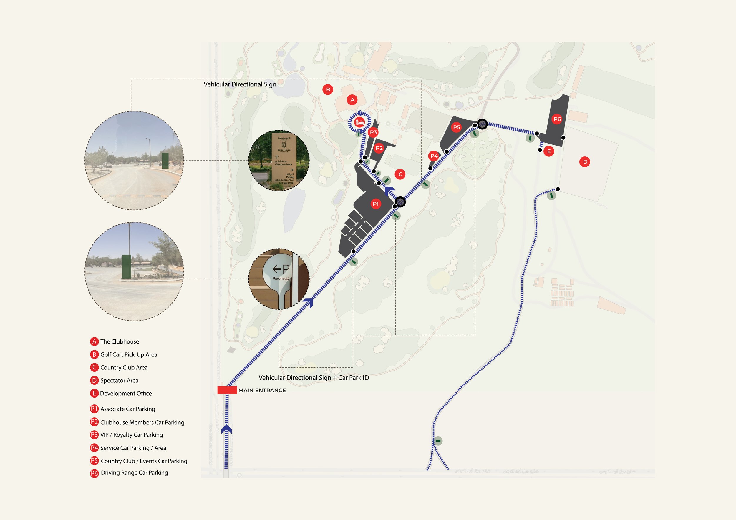 Comprehensive vehicular circulation map illustrating directional signage placement, parking identification, and route continuity from entrance to key destinations.