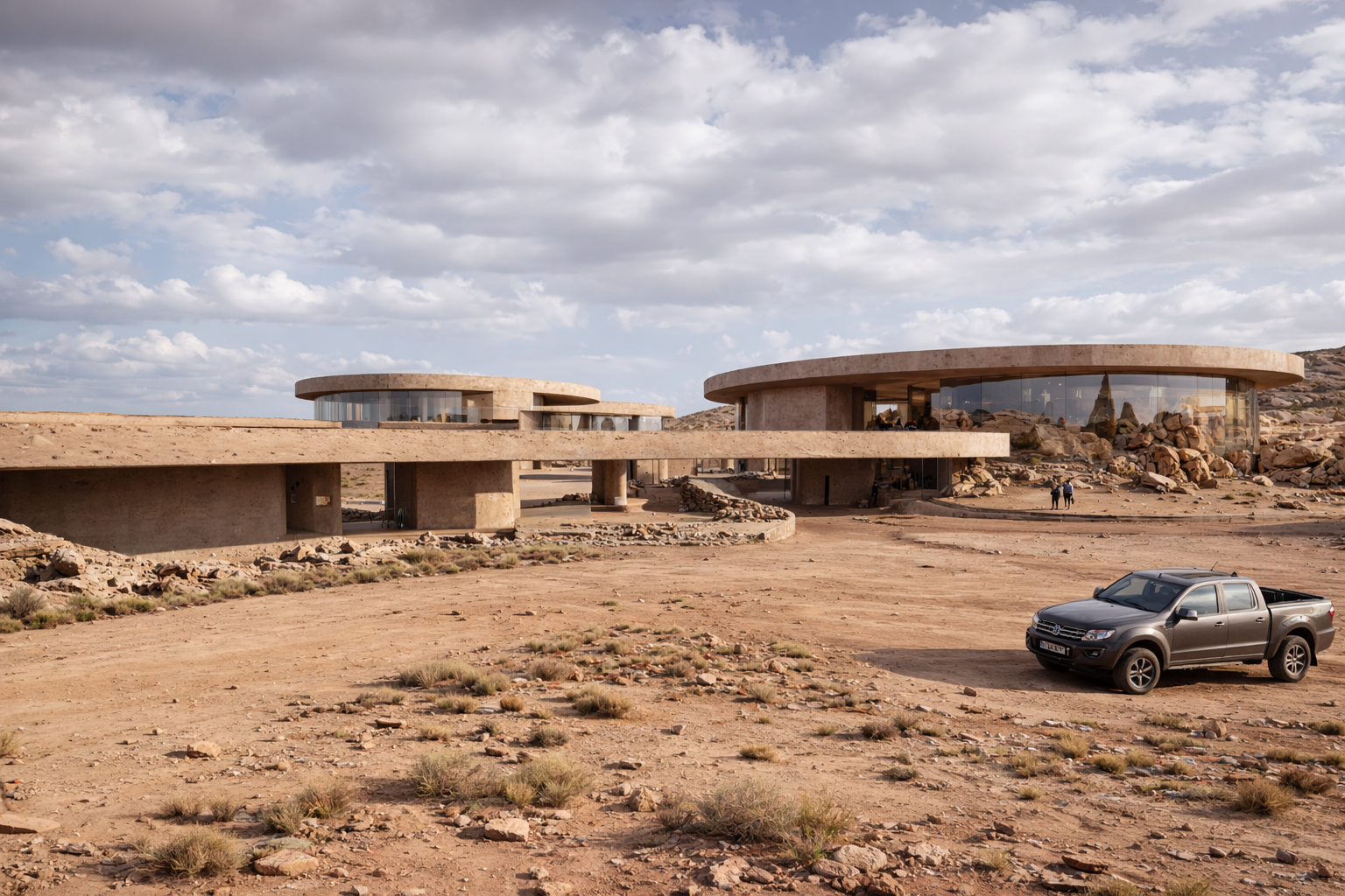 Low-rise architectural forms embedded into topography, reinforcing climate-responsive site integration.