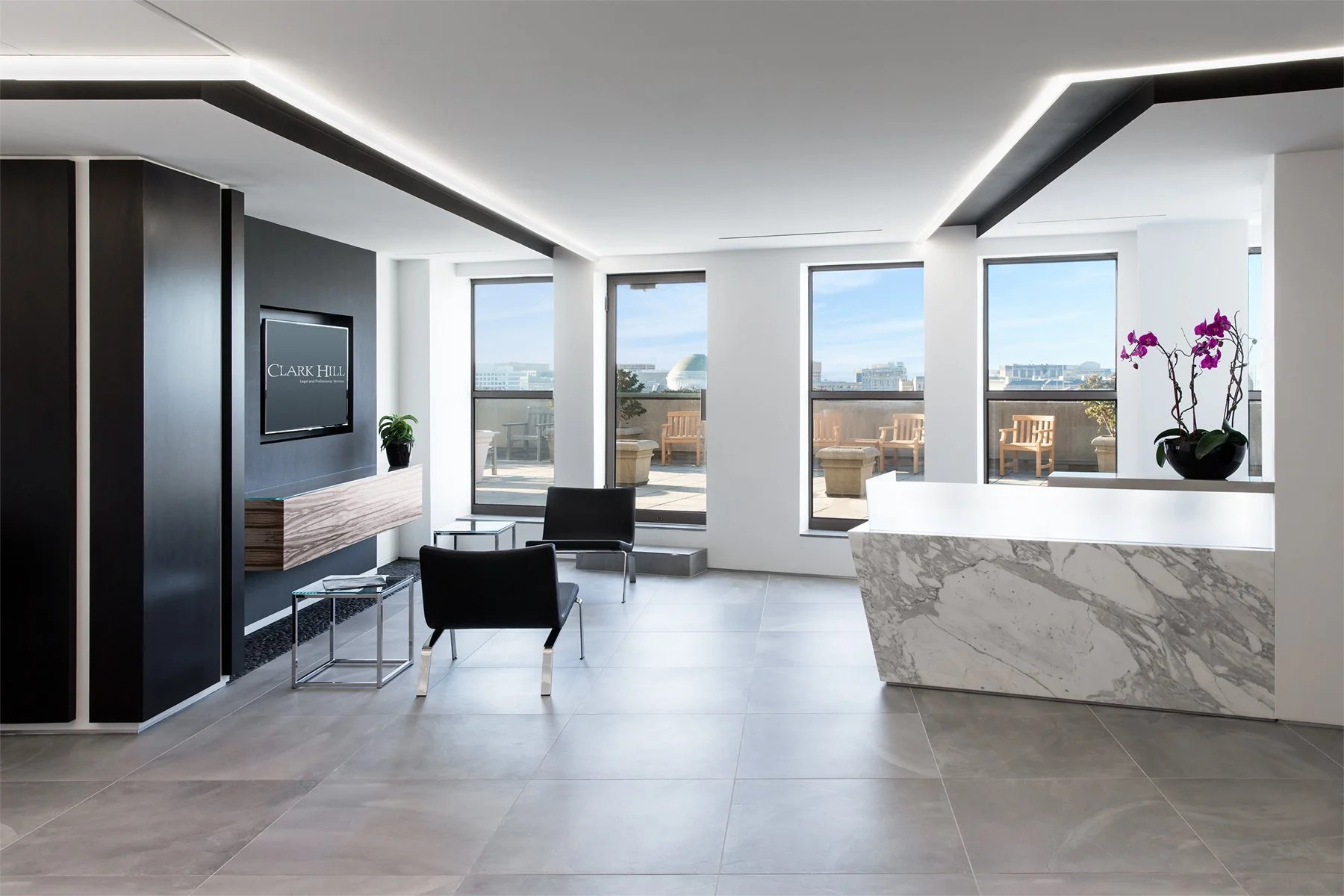 Interior office shot of the reception area and patio of Clark Hill's Washington D.C. office