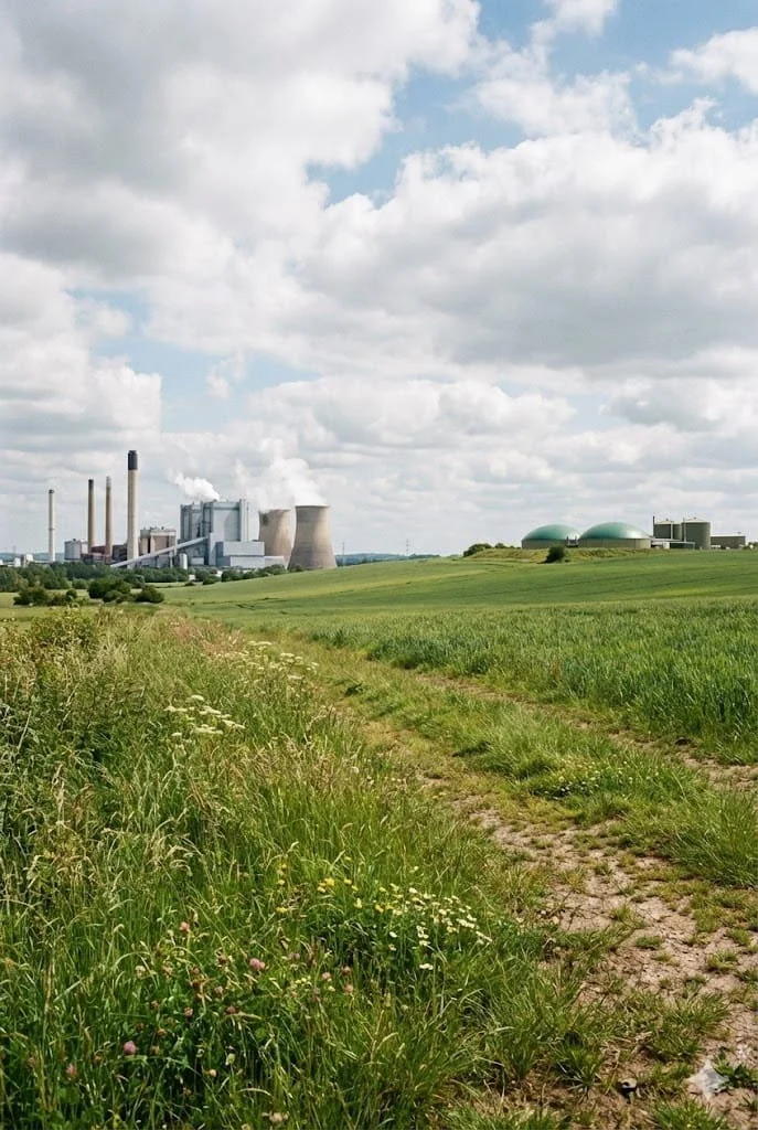 Open field with green grass and wildflowers, ski or dirt path leads toward an industrial power plant with cooling towers and smokestacks in the distance under cloudy sky.