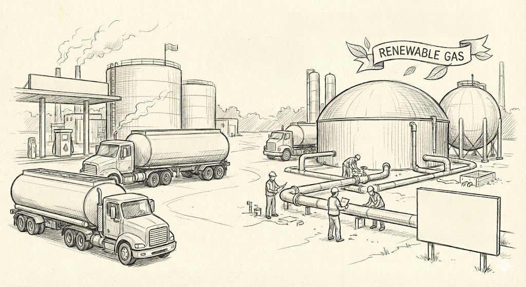Sketch of a renewable gas facility with storage tanks, pipelines, trucks, and workers inspecting equipment