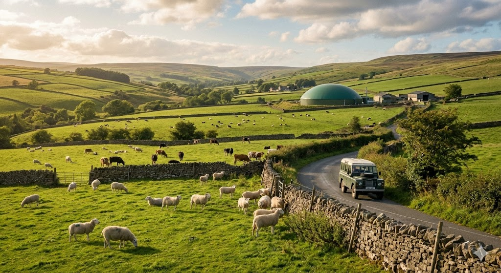 picture of the countryside with sheep, cattle, and an anaerobic digestor in the background.