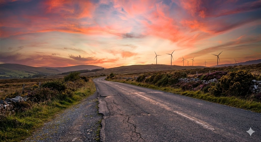 A winding rural road at sunset with wind turbines on the hill in the background