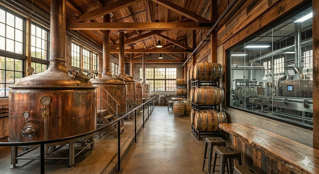the inside of a brewery. bronze in colour