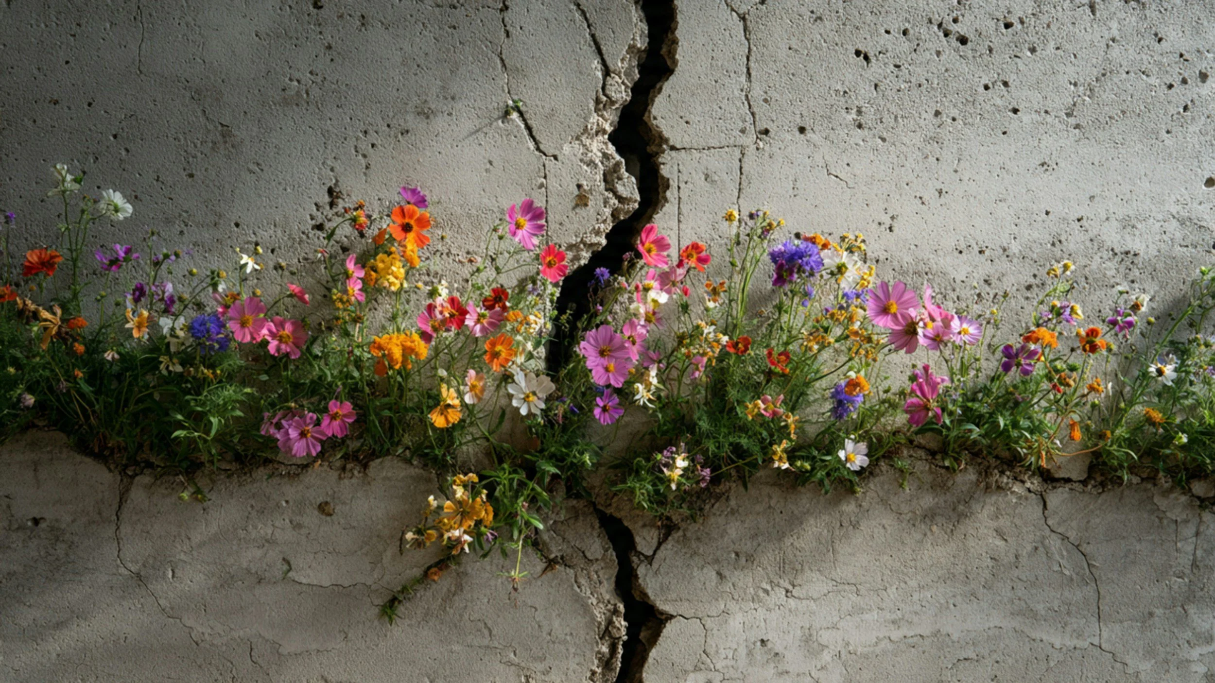 Resilient colorful wildflowers grow in a crack of a gray concrete wall, adding color and life to the scene.