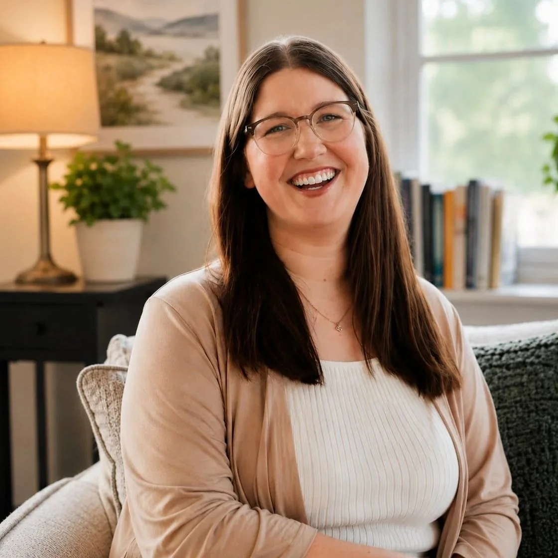 A woman therapist with long brown hair and glasses smiles while sitting on a couch in a cozy, well-lit living room.