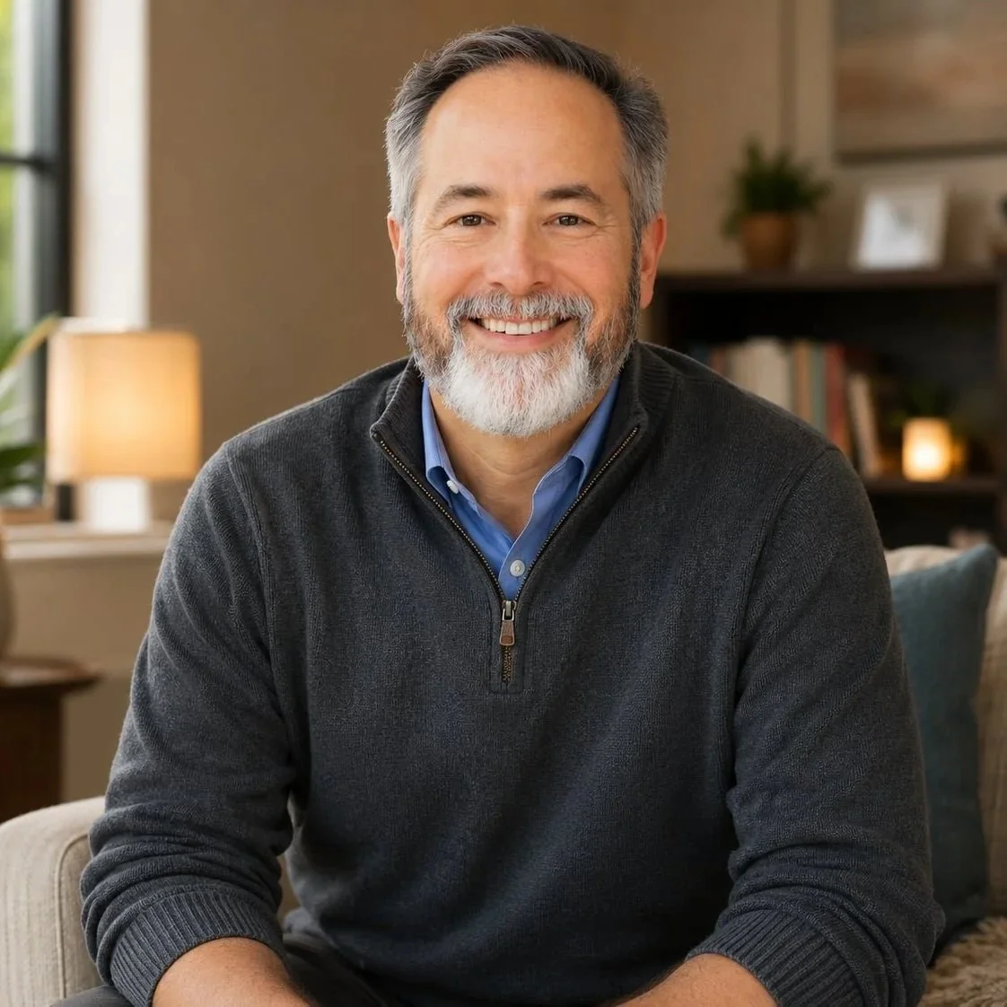 Smiling man therapist with gray hair and beard sits indoors on a couch, wearing a dark sweater and blue shirt, with soft lighting.