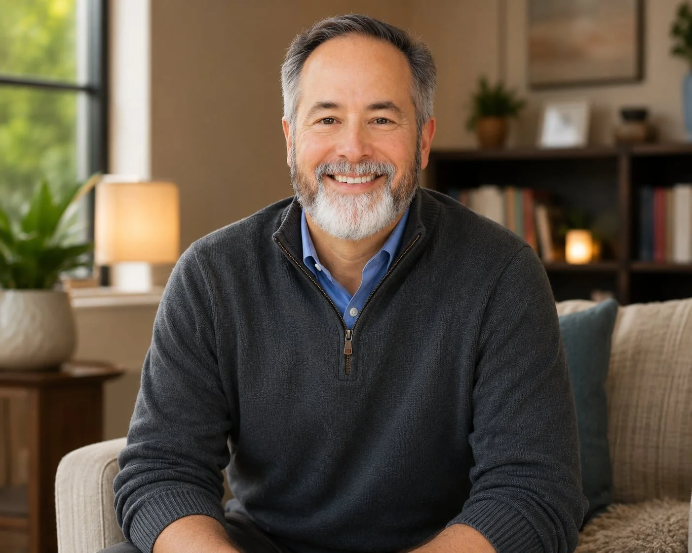 Compassionate therapist with a gray beard smiles warmly, sitting on a beige couch in a cozy living room.