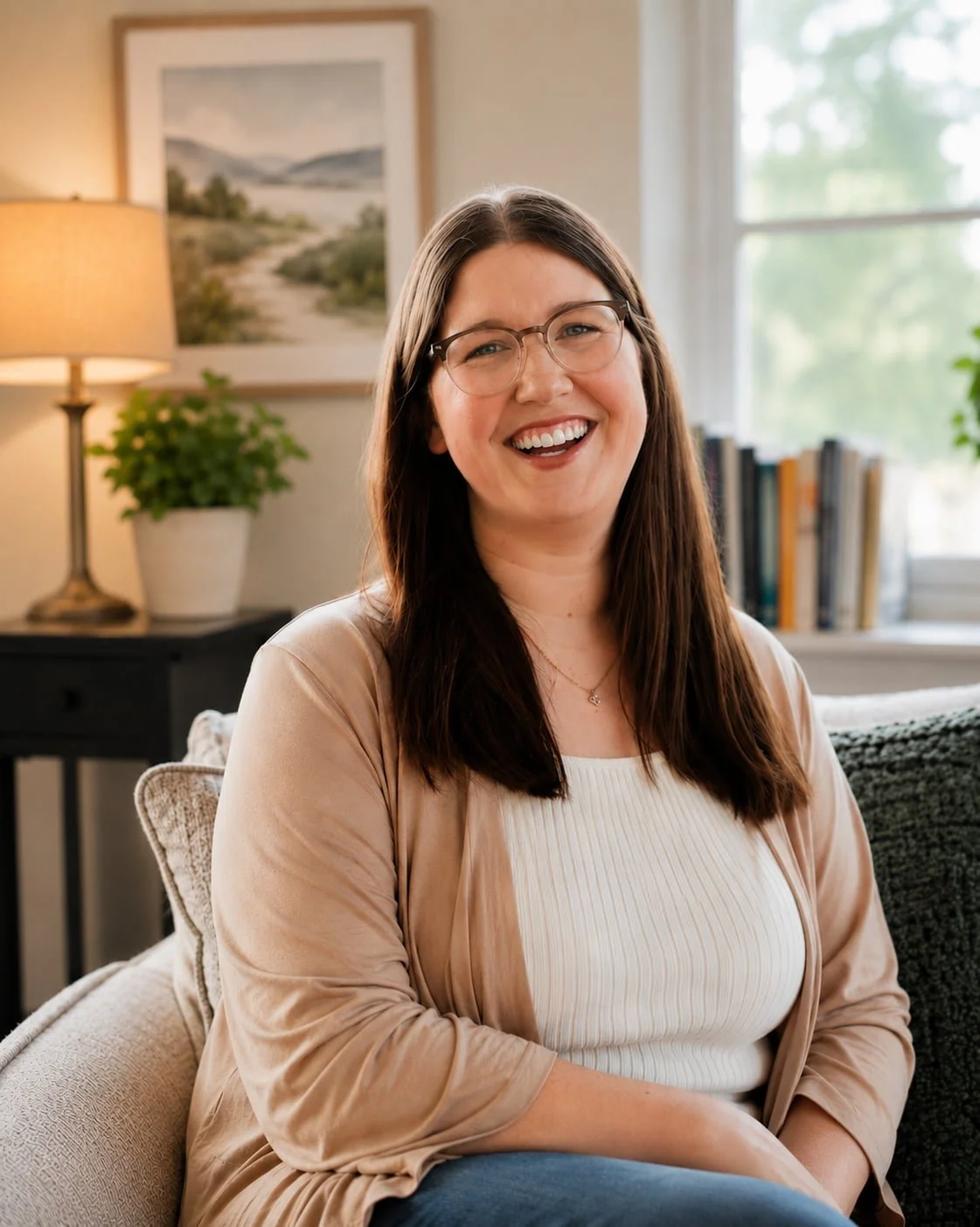 A woman with long brown hair and glasses, a therapist in North Carolina, smiles while sitting on a cozy, well-lit living room couch.