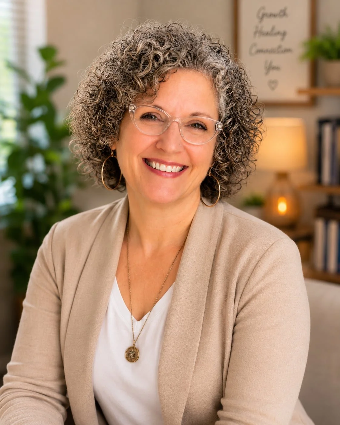Smiling therapist from North Carolina with curly gray hair, glasses, and beige cardigan sits indoors with plants and warm lighting behind her.