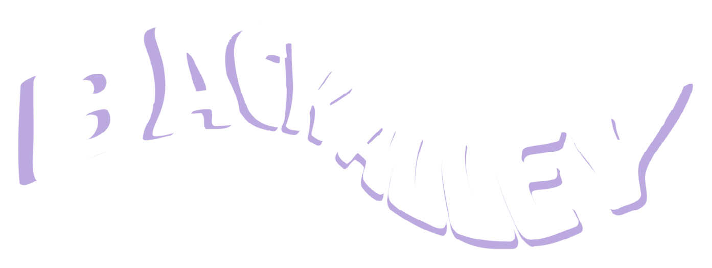 Text reading 'BACK ALLEY' in bold white with purple shadows on a black background.