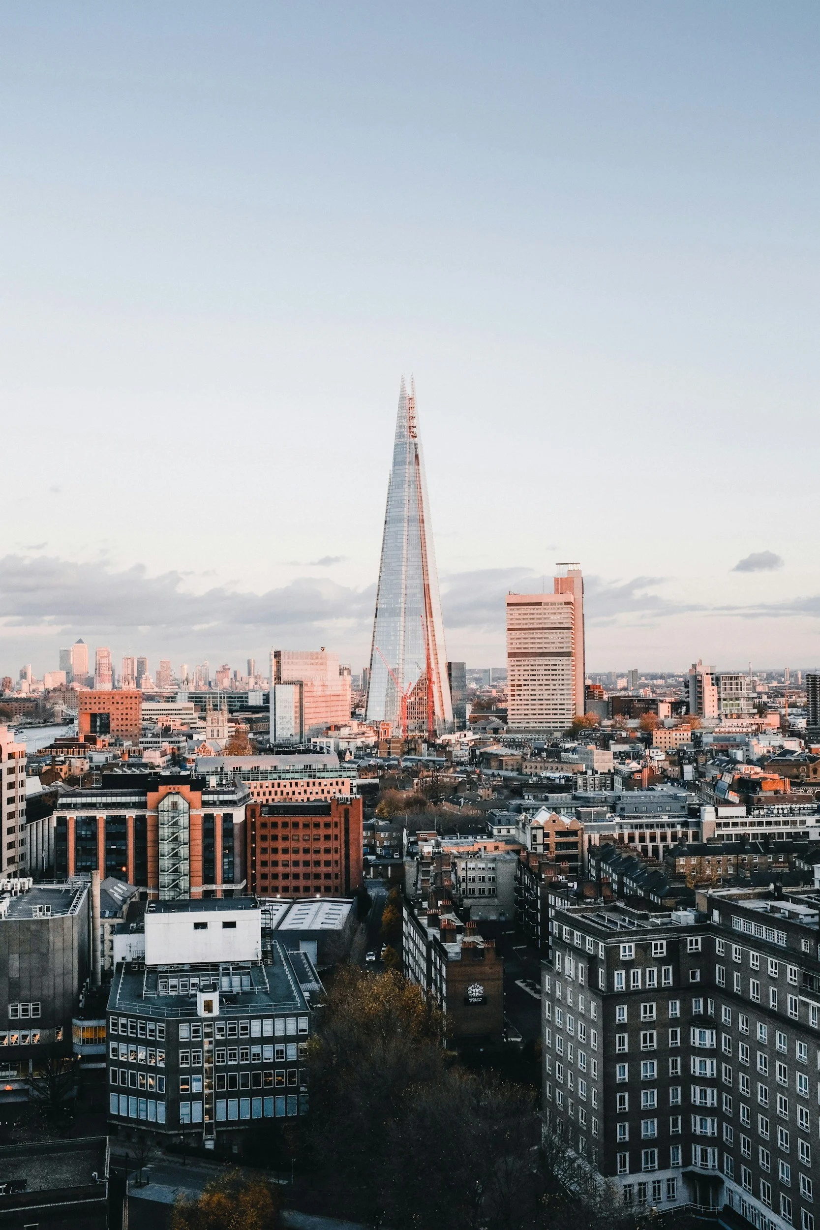 Skyline of London featuring The Shard skyscraper with surrounding buildings during sunset