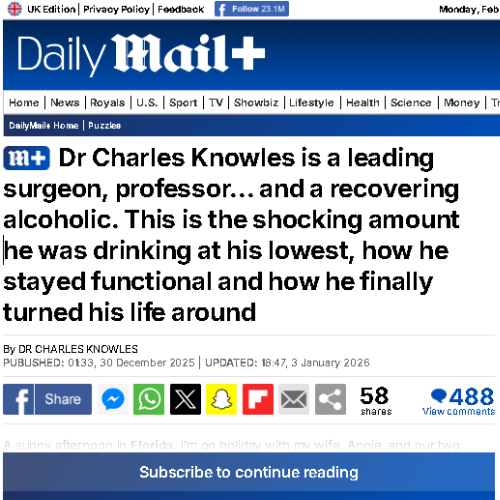 Screenshot of a Daily Mail article about Dr. Charles Knowles, mentioning his recovery from alcoholism, with social media sharing icons, share counts, and a subscription prompt.