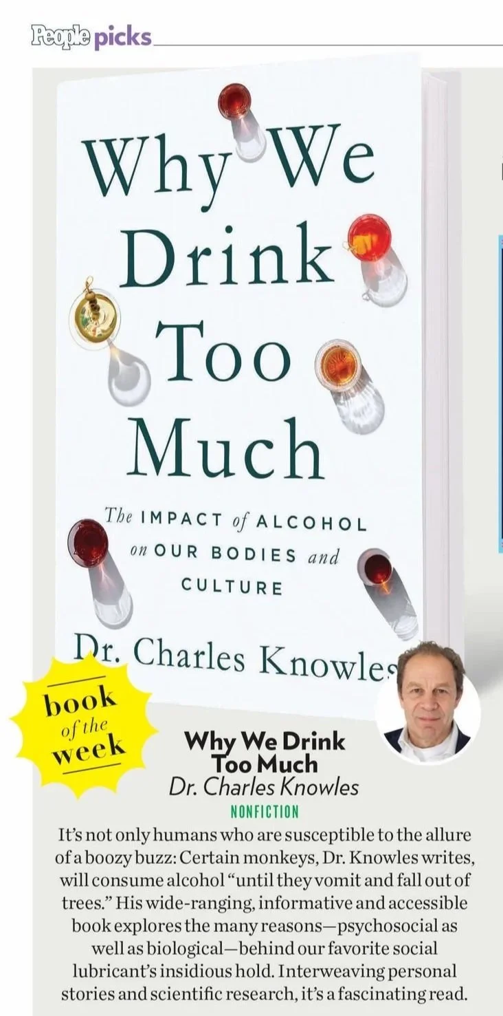 Book cover for 'Why We Drink Too Much' by Dr. Charles Knowles, featuring a title and a subtitle, with images of six glasses of alcoholic beverages with shadows, and a photo of the author in the bottom right corner.