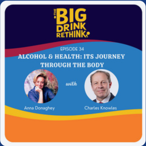 Podcast cover for 'The Big Drink Rethink,' episode 34 titled 'Alcohol & Health: Its Journey Through the Body,' featuring Anna Donaghey and Charles Knowles.