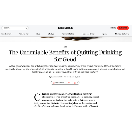 Screenshot of Esquire magazine article titled "The Undeniable Benefits of Quitting Drinking for Good" by Andrew Zalecki, published on January 20, 2020, with navigation menu including entertainment, what to do, style, lifestyle, news and politics, food and drinks, sports, and member exclusives, along with a red subscribe button.