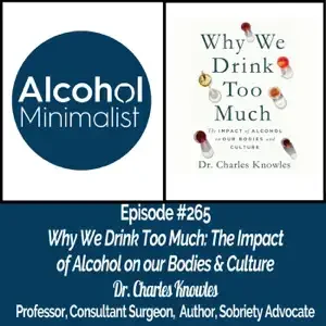 Event poster promoting a podcast episode about alcohol's impact on bodies and culture, featuring Dr. Charles Knowles, a professor, surgeon, author, and sobriety advocate.