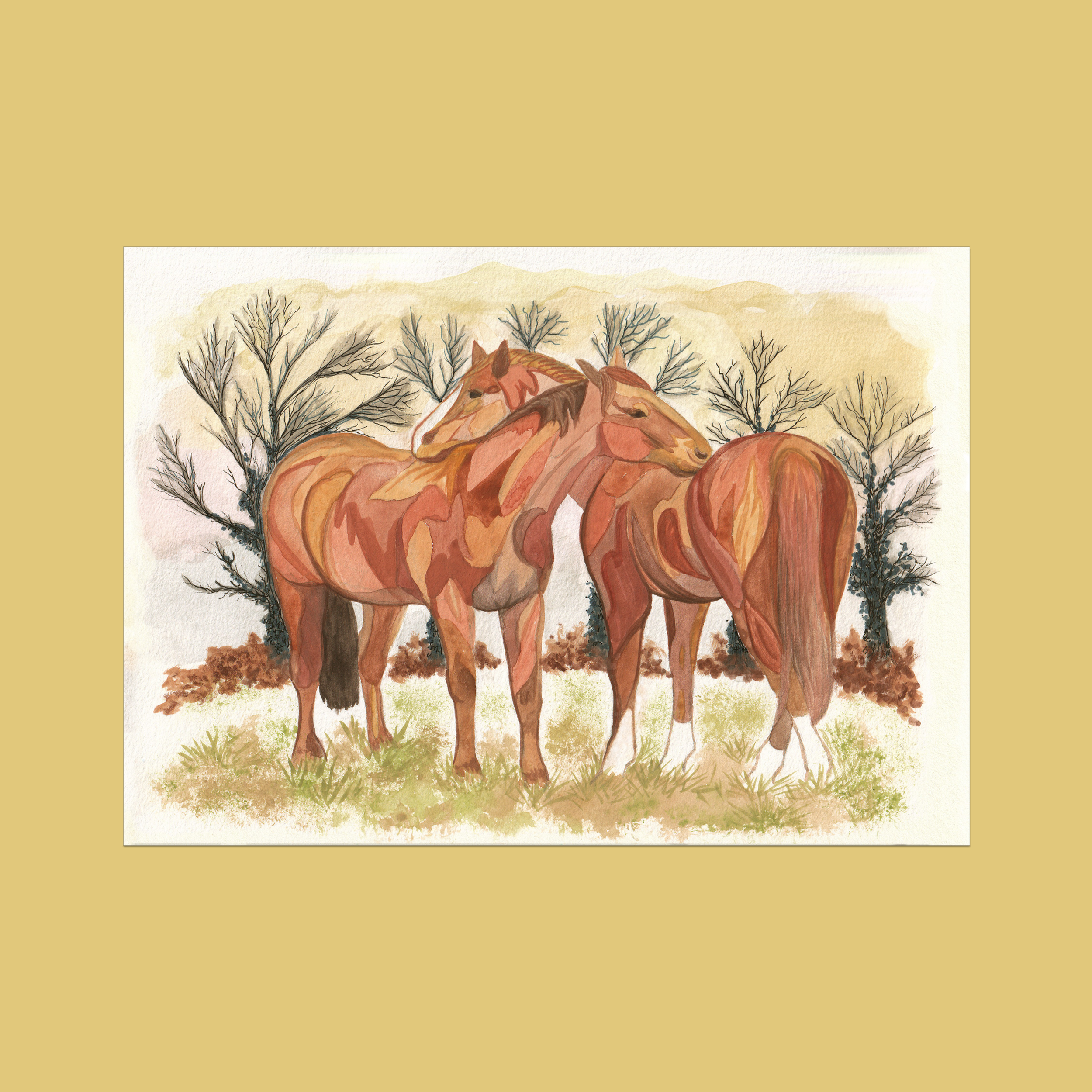 'Twilight Equines' Warm Watercolor Art Print