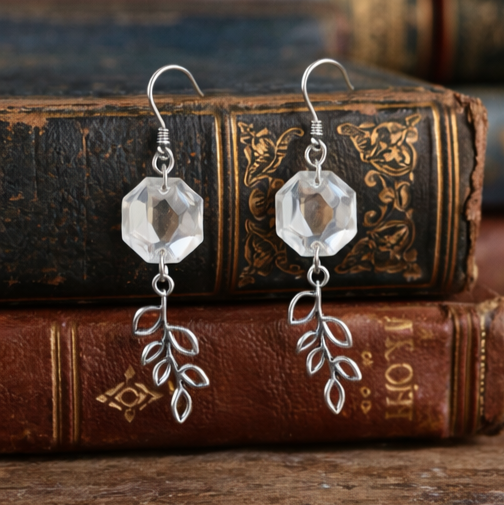 Clear Crystal & Silver Leaf Drop Earrings – Handmade Faceted Crystal Dangle Earrings