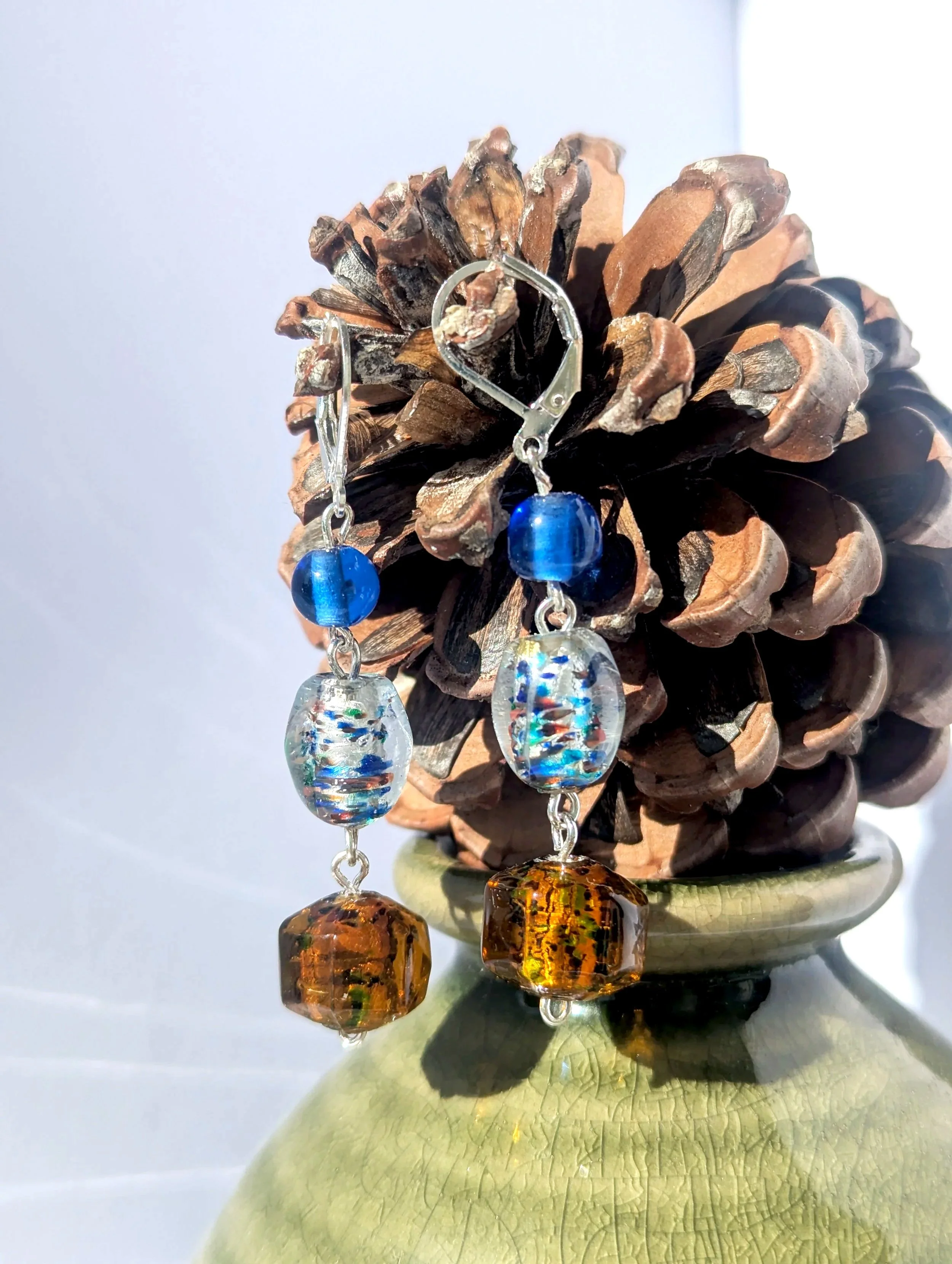 Artisan Upcycled Glass Drop Earrings – Azure & Amber