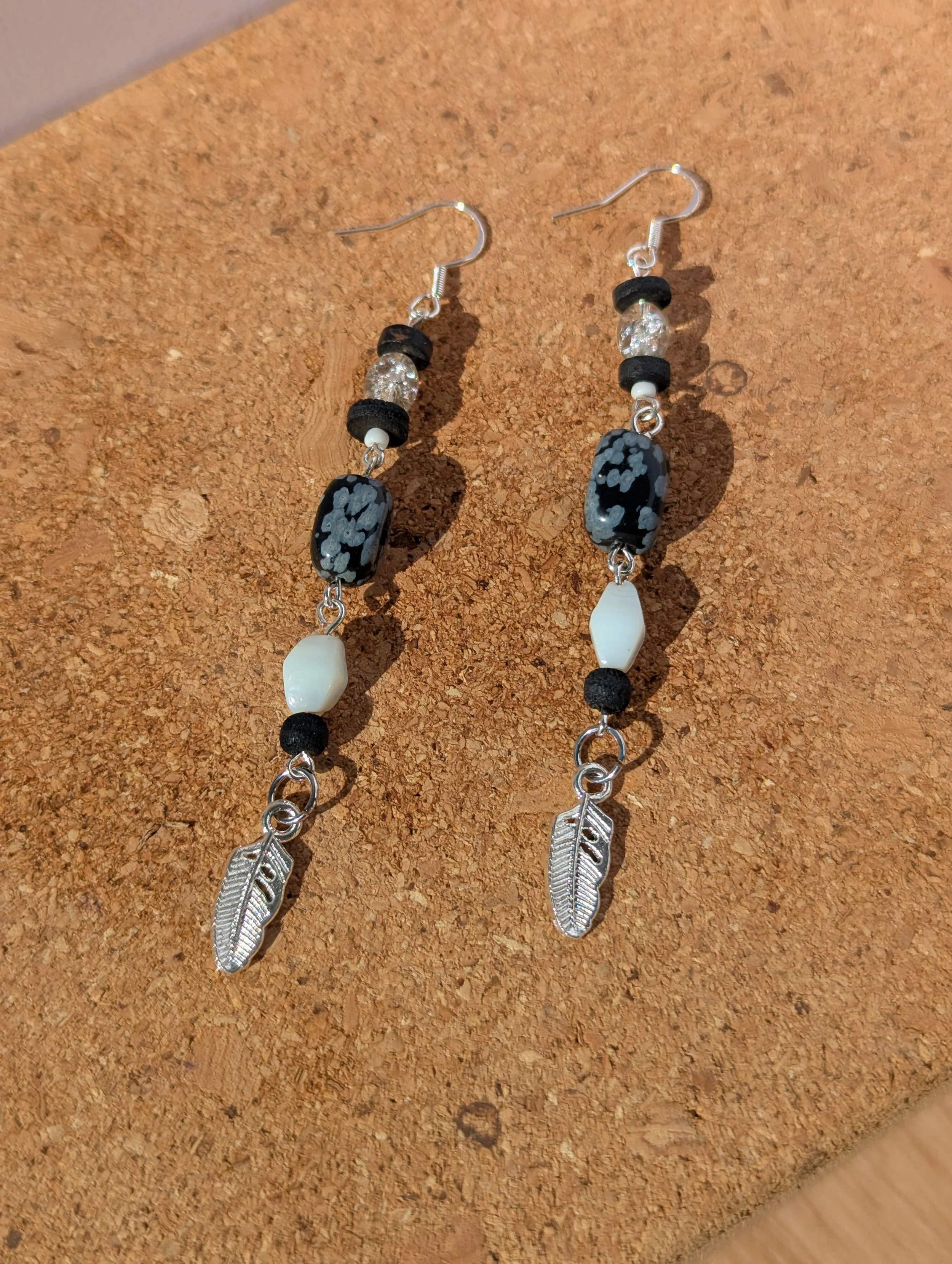 Snowflake Obsidian & Feather Drop Earrings – Sterling Silver