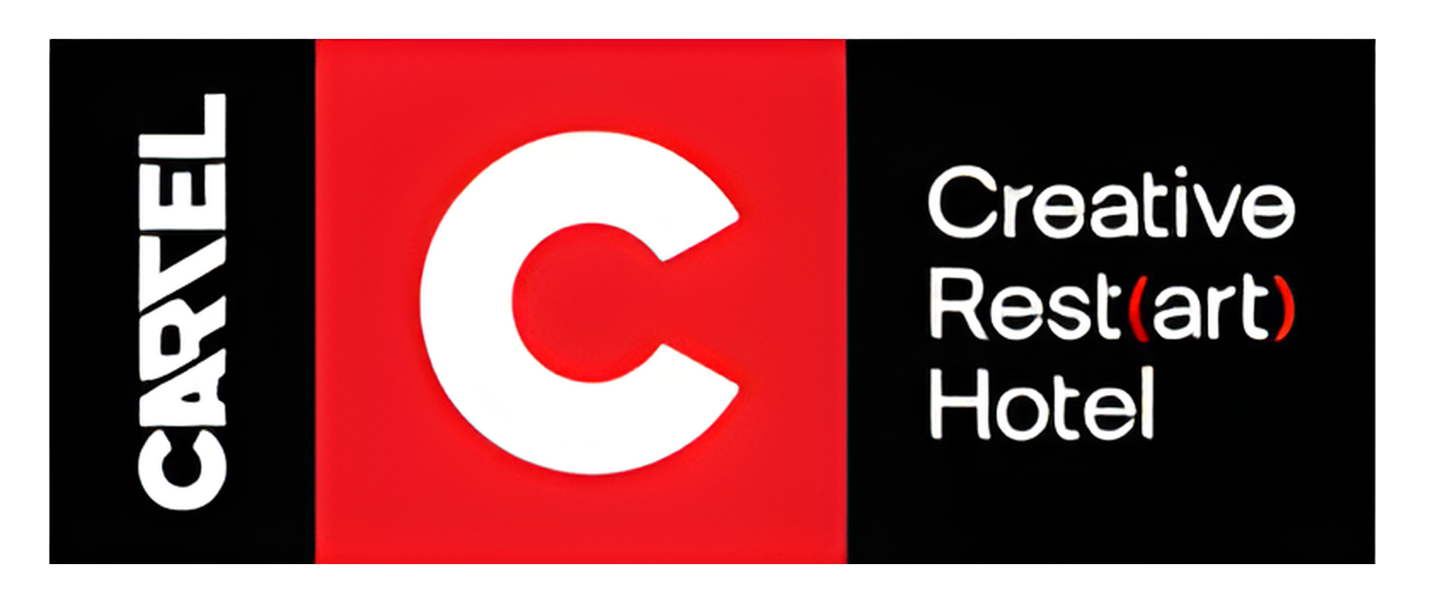Sign with a large white 'C' on a red background, next to black section with the words 'CREATED Rest(art) Hotel' and a vertical 'C' word on the left side.