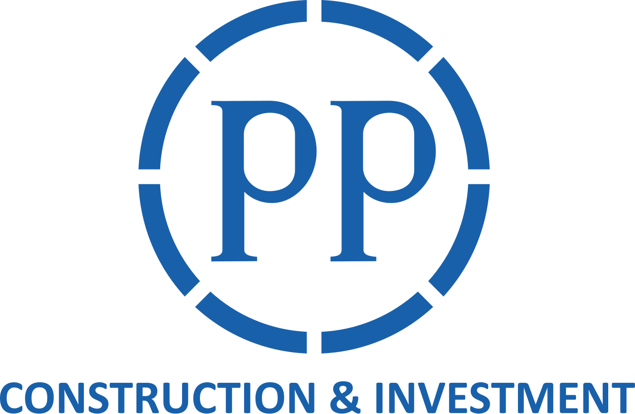 Logo of a construction and investment company with large blue 'pp' letters inside a dotted circle, and the words 'CONSTRUCTION & INVESTMENT' underneath.