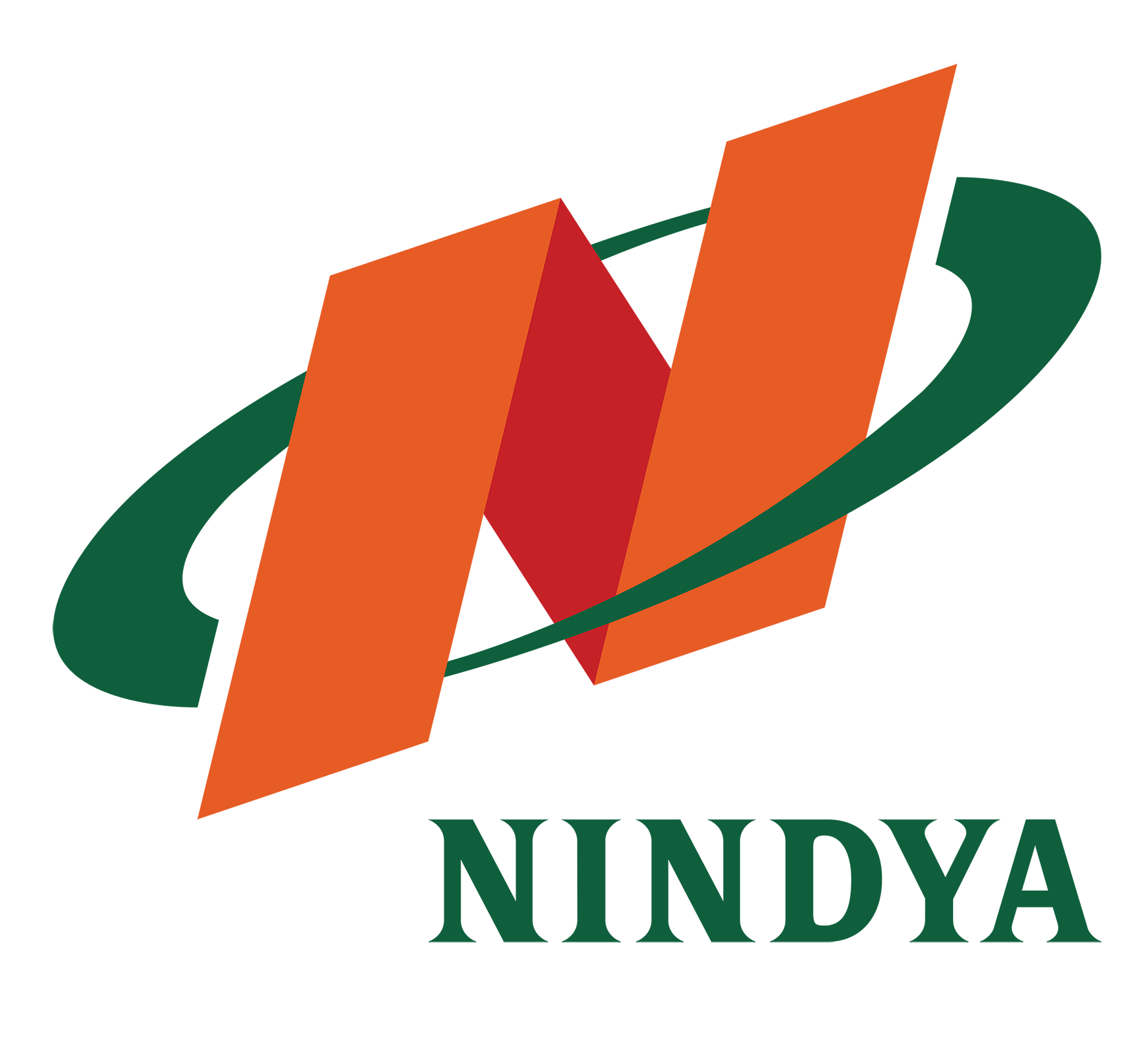 Stylized logo with three orange and red parallelograms and a green swoosh, with the text 'NINDYA' below.