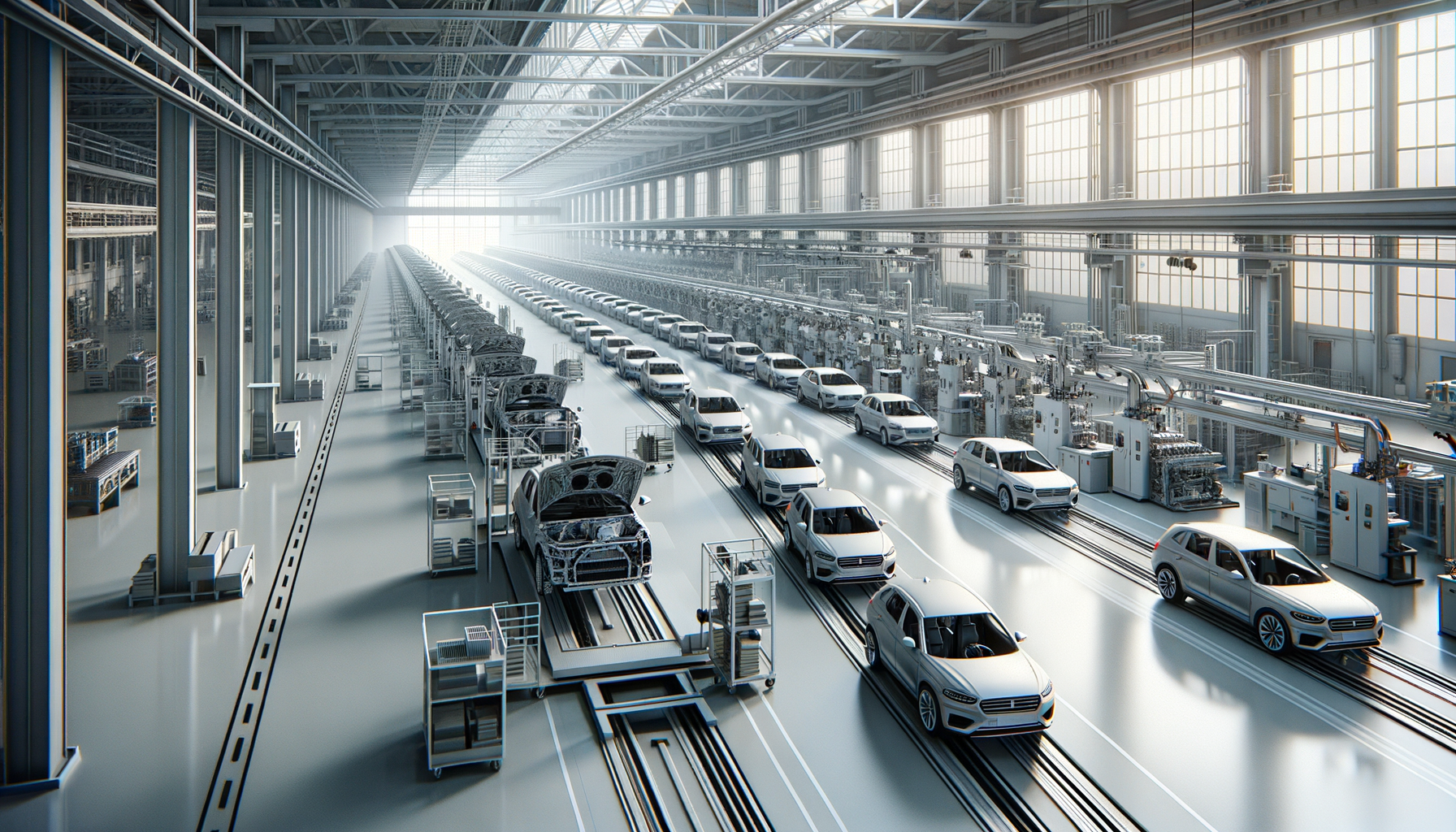 Fábrica de ensamblaje de autos con varias líneas de producción y vehículos en proceso de fabricación.