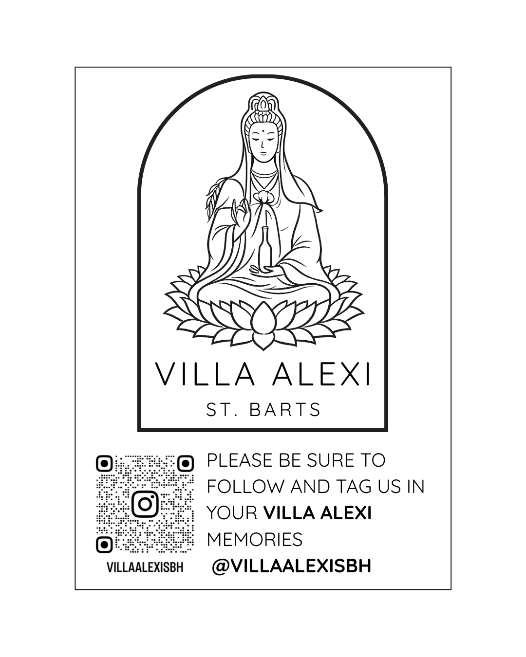A black and white outline of a promotional flyer featuring a seated goddess figure on a lotus flower, with text promoting Villa Alexi, St. Barts, and social media details including a QR code for Instagram.