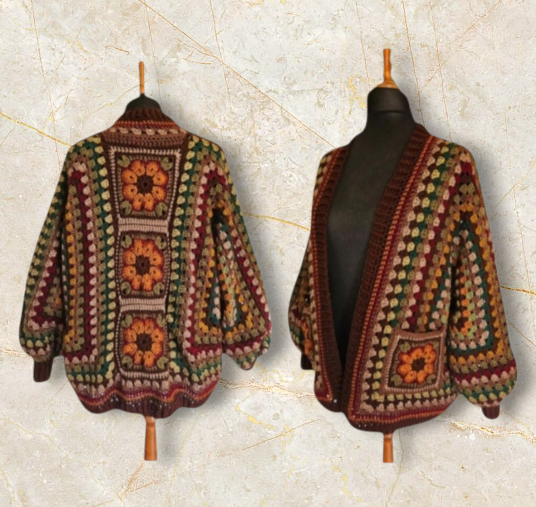 Hexagon Cardigan with Flower Squares