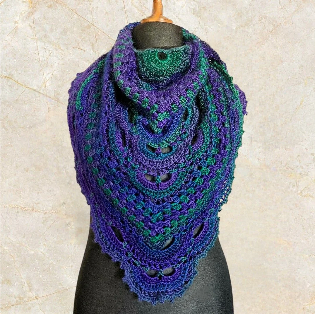 Deep Blue / Green Multiway crocheted triangular Scarf / Shawl