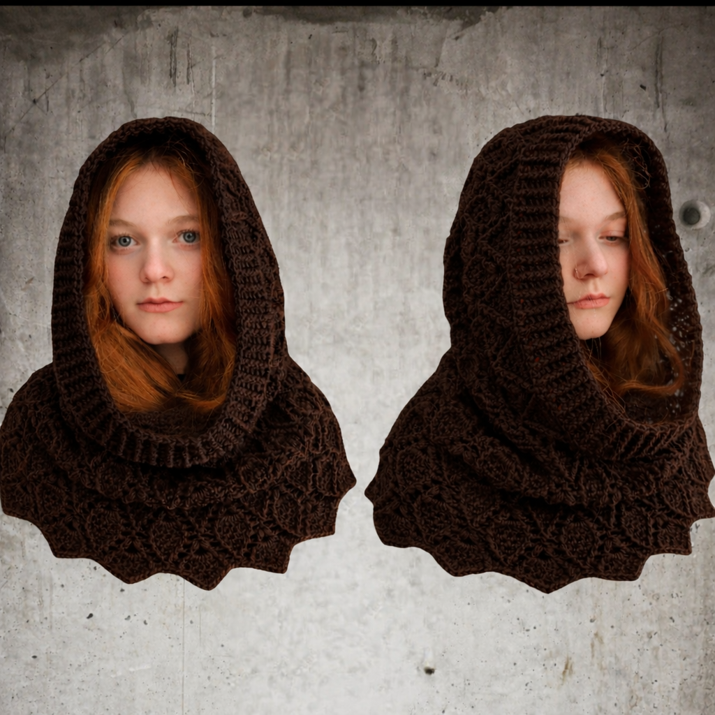 A young red haired woman with pale skin and bright blue eyes is wearing a hand crocheted brown cowl