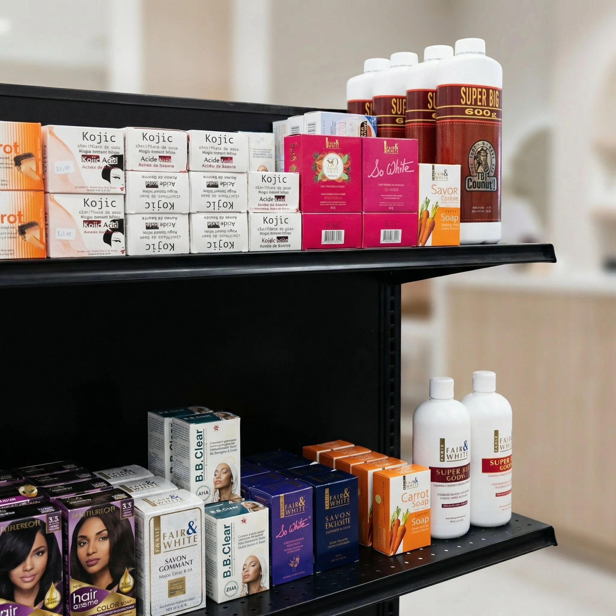 Shelves stocked with soap and hair care products, including various brands and packaging.