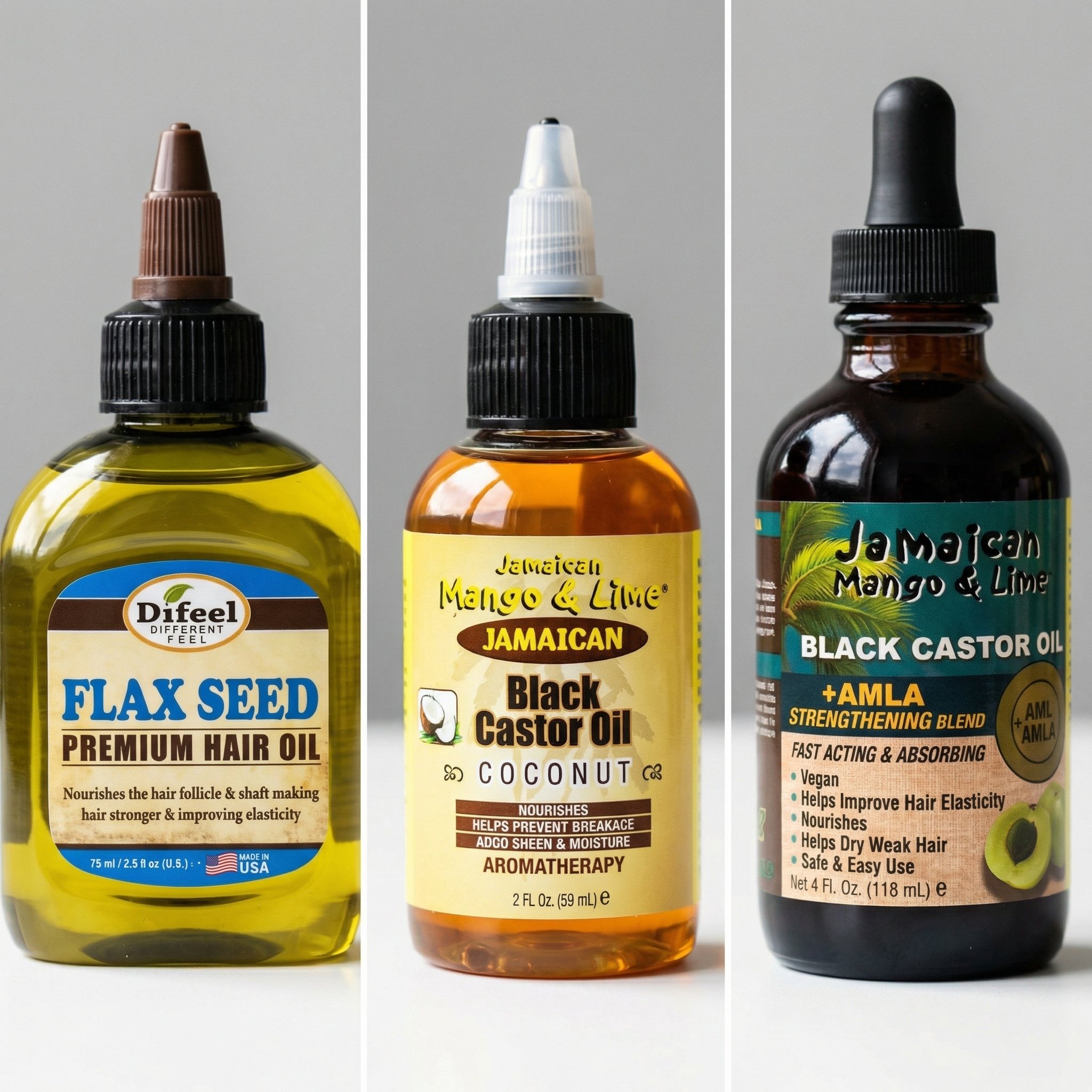 Three bottles of hair and scalp oil products, from left to right: Difeel Flax Seed Premium Hair Oil, Jamaican Mango & Lime Black Castor Oil Coconut, and Jamaican Mango & Lime Black Castor Oil +Amla strengthening blend.