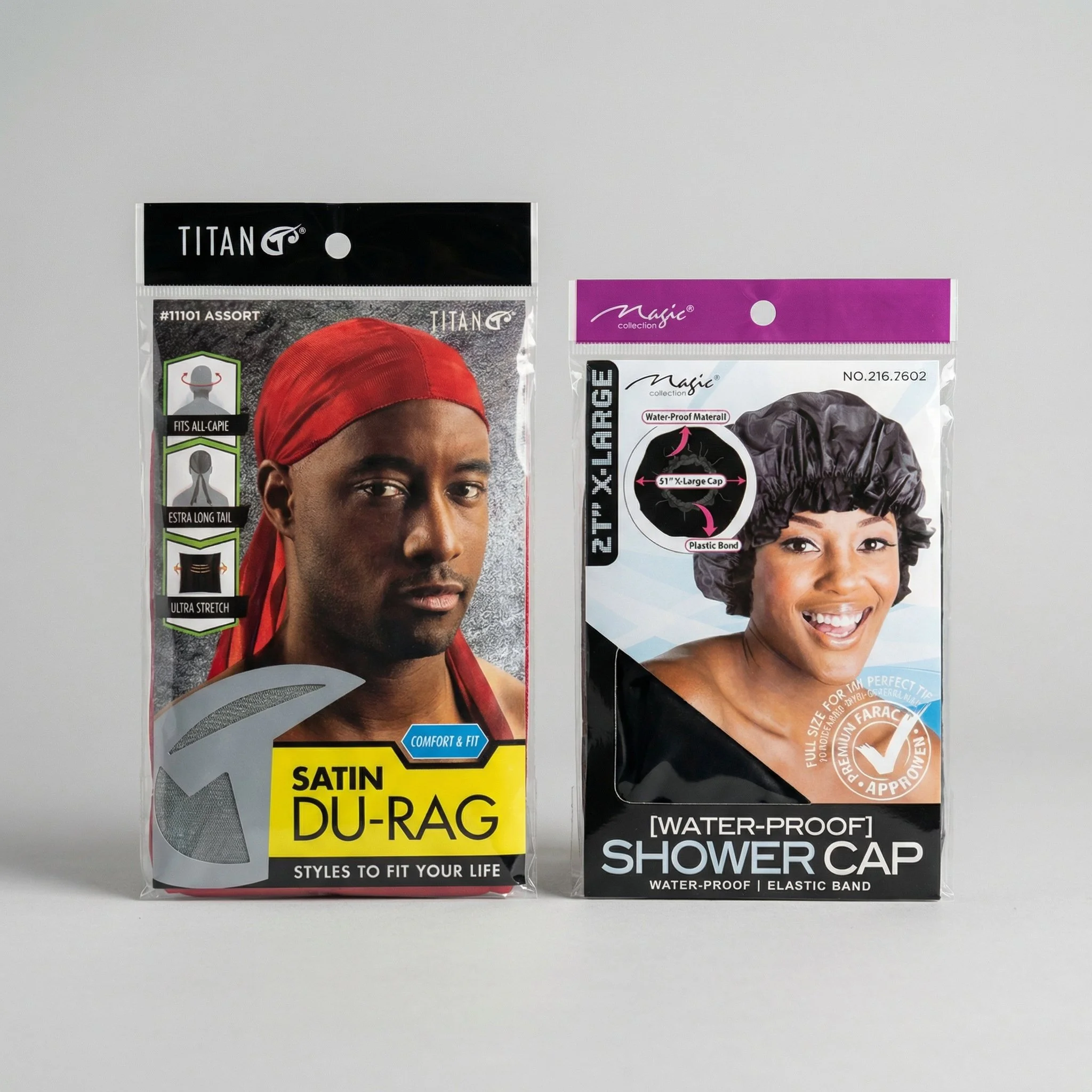 Two hair care products in packaging: a red satin durag and a black waterproof shower cap with elastic band, displayed against a neutral background.