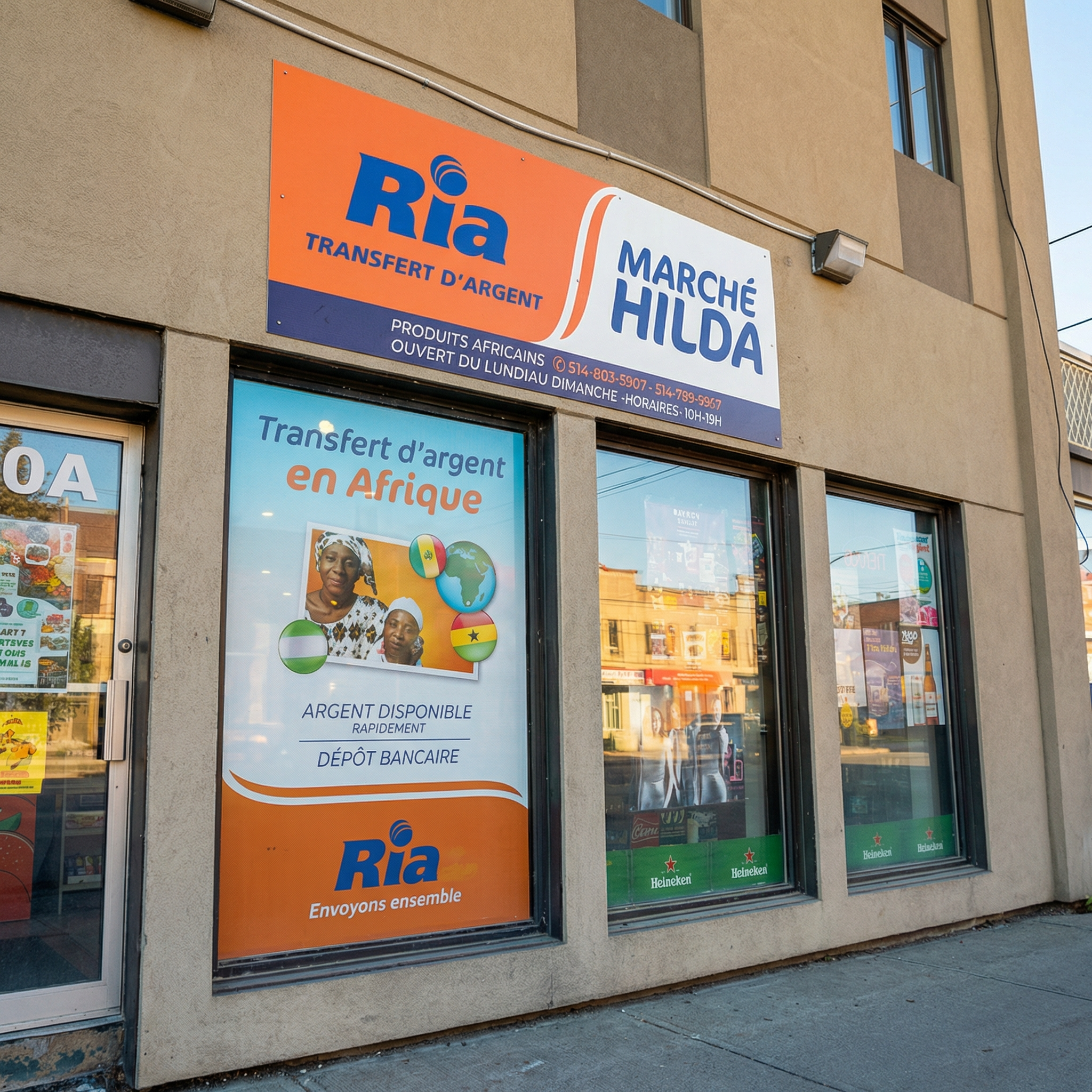 Storefront with signs for Ria and Marché Hilda, advertising cash transfer services in Africa, with photos of African people, flags, and a neon Heineken sign visible through the windows.