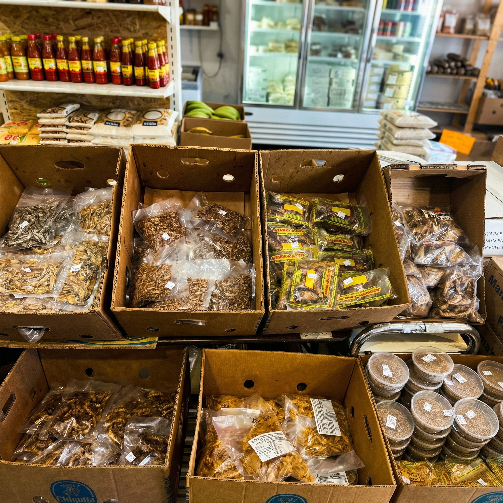 Shelves stocked with various dried and packaged food products, including dried mushrooms, spices, and jars of sauces, in a grocery or specialty food store.