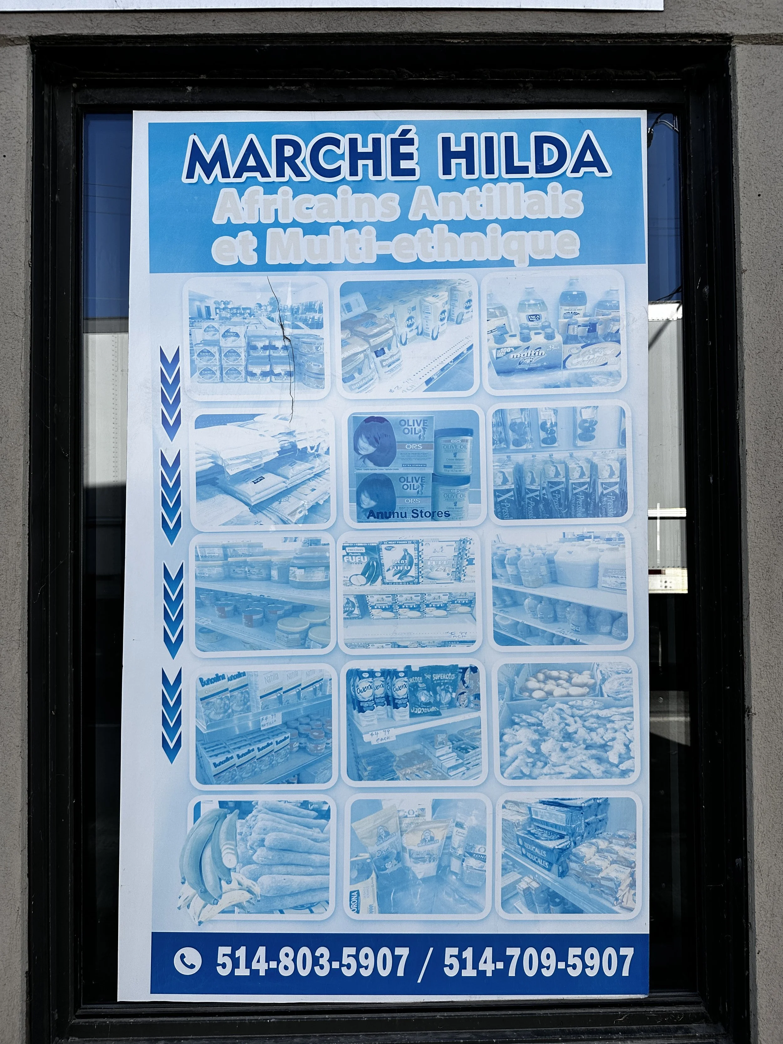 Sign for a market called Marché Hilda, specializing in African and multi-ethnic products, displaying various product images and two contact phone numbers.
