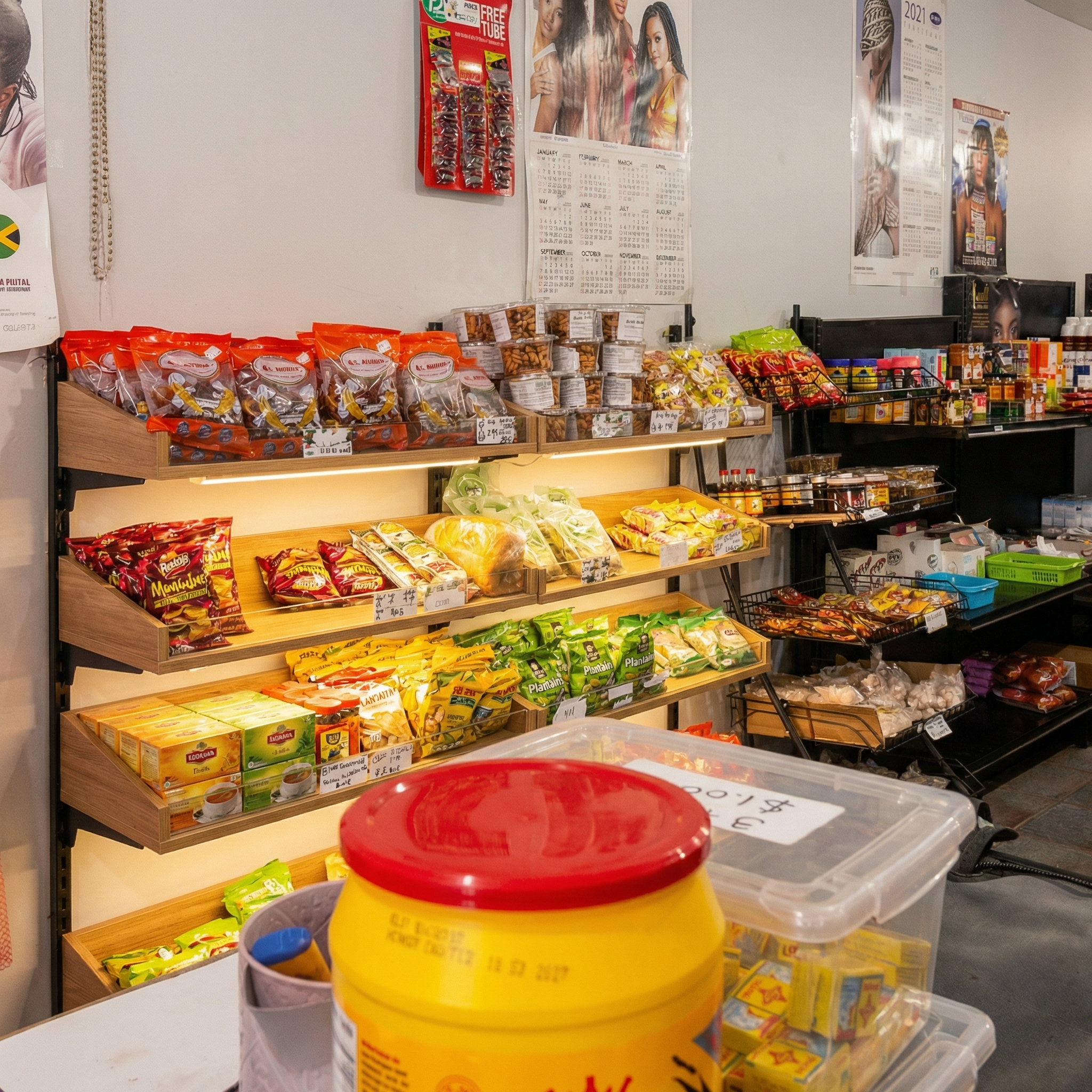 Shelf display of Asian snack packages in a small store, with various candies and chips, a yellow canned product in the foreground, and posters on the wall.